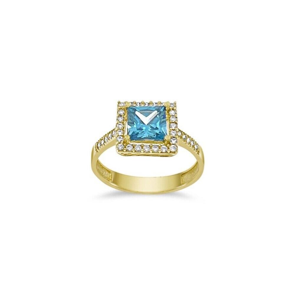 14K Yellow Gold Blue CZ Princess Cut Halo Engagement Ring